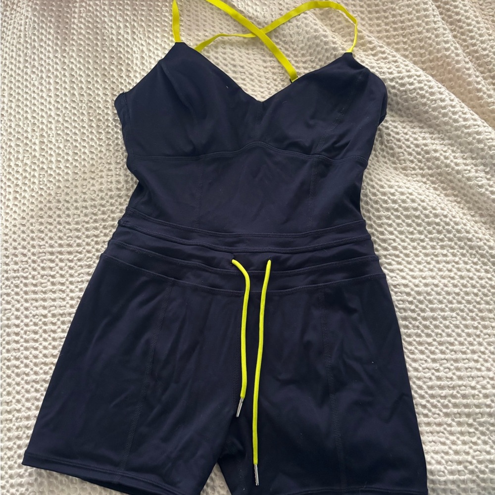 POPFLEX Navy and Neon Yellow Jumpsuit. Tried on for photoshoot only.